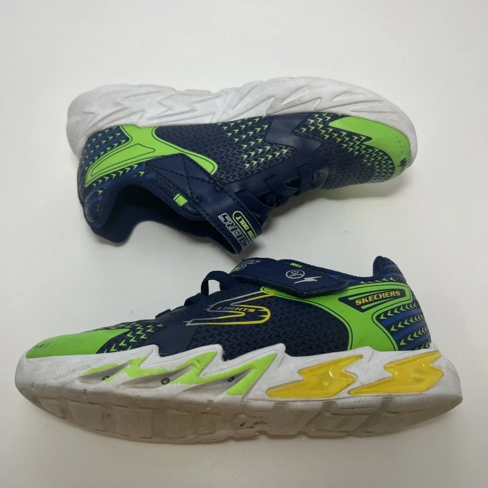 Skechers S-Lights: Boys Flex-Glow‎ Bolt Sneakers Size 2, Navy/Green/Yellow